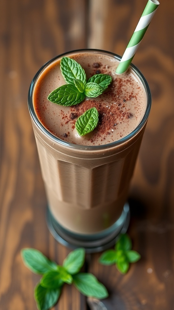 A tall glass of Chocolate Mint Smoothie garnished with mint leaves and cocoa powder on a wooden table.